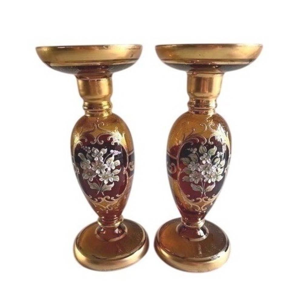 Vintage Murano Style Ruby Amber Glass Candlesticks Pair Enamel‎ Floral Gold 8"